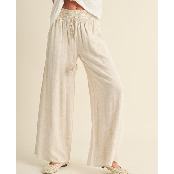 Miou Muse Rayon/Linen Smocked Waist Wide Leg Pants with Pockets, size Small - Picture 3 of 10